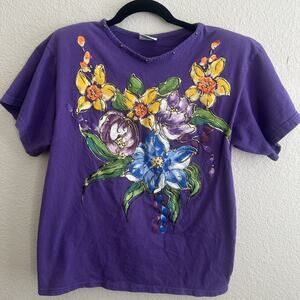 Vintage Focus Hand Painted Flora Purple Tee Size Small *
